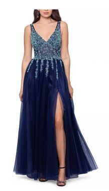 Blondie Nites Juniors Sz 17 Embellished Illusion Mesh Gown Navy Blue Formal Prom